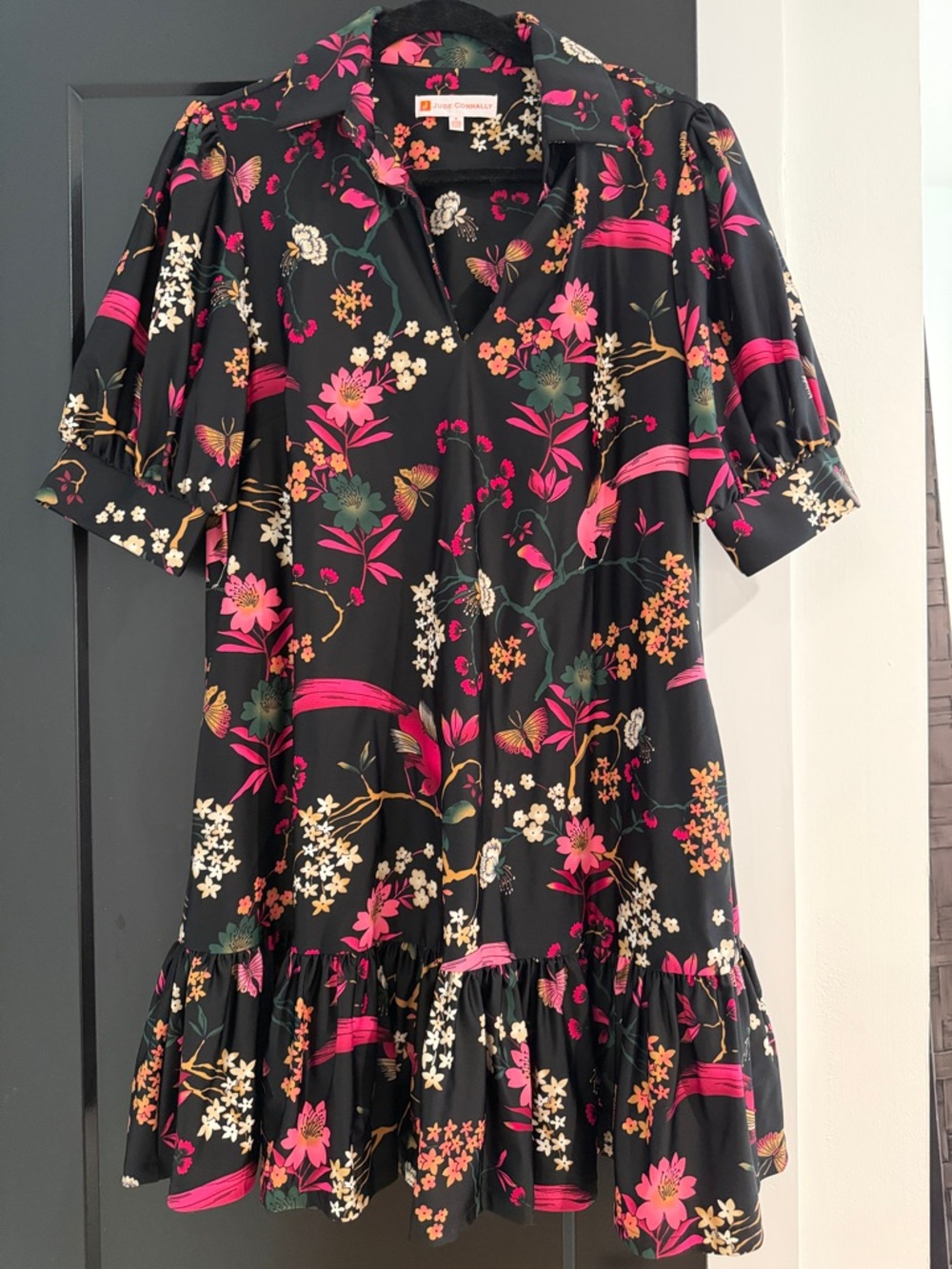 Jude Connally Black Mini Dress with Pink & Green Floral Print